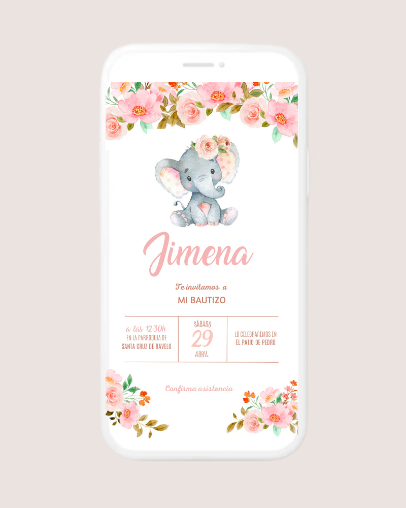 Invitación digital bautizo elefante y flores